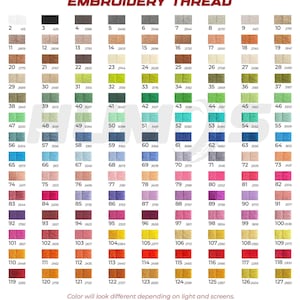 May include: A colour chart of embroidery thread spools, each labelled with a number and colour code. The chart displays a wide range of colours, from light pastels to vibrant hues, for various crafting projects. Text at the bottom states that colour appearance may vary.
