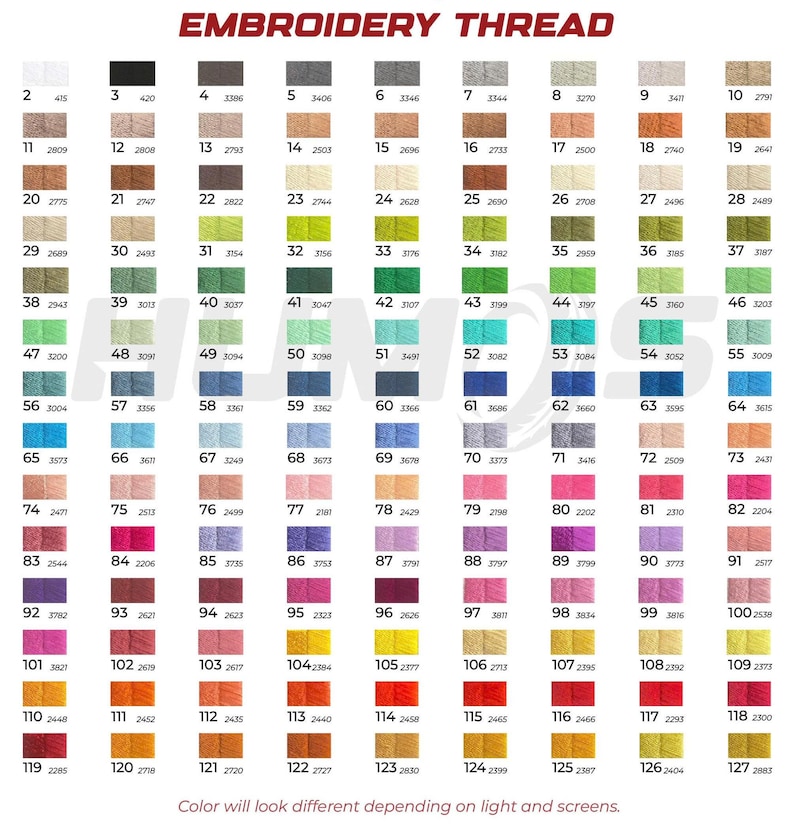 May include: A colour chart of embroidery thread spools, each labelled with a number and colour code. The chart displays a wide range of colours, from light pastels to vibrant hues, for various crafting projects. Text at the bottom states that colour appearance may vary.