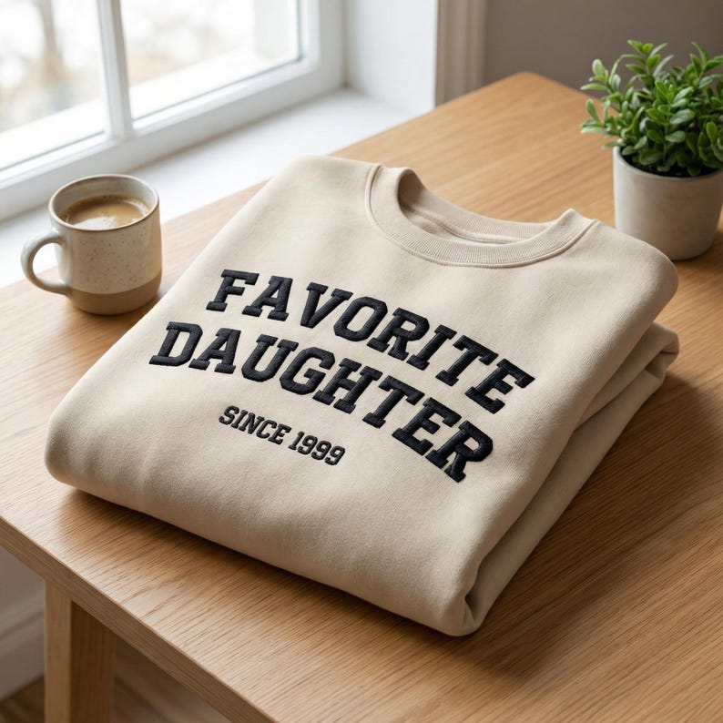 May include: A folded beige sweatshirt with the text "FAVORITE DAUGHTER" embroidered in black, with "SINCE 1999" below. The sweatshirt is on a wooden table, next to a mug of coffee and a small potted plant.