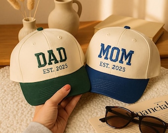 Personalized Mom Dad Embroidered Hat, Matching Vintage Cap for New Parents,  Gift For New Dad Mom, Pregnancy Announcement, Mothers Day Gift