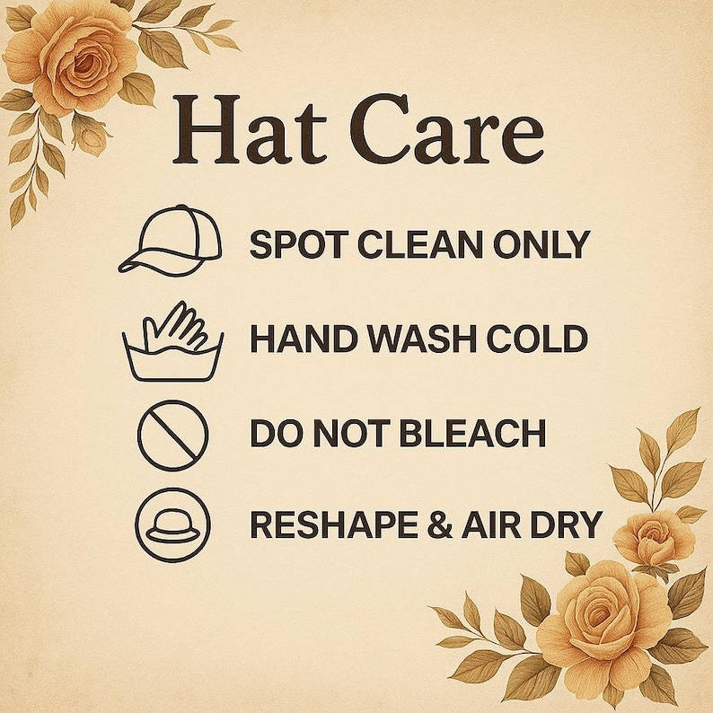 May include: A beige graphic with the words "Hat Care" and care instructions. The instructions include "Spot Clean Only," "Hand Wash Cold," "Do Not Bleach," and "Reshape & Air Dry." Floral accents frame the text.