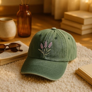 Embroidered Lavender Flower Embroidered Baseball Vintage Cap, Washed Cotton Curve Brim Summer Vintage Hat, Gift for Her
