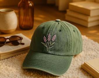 Embroidered Lavender Flower Embroidered Baseball Vintage Cap, Washed Cotton Curve Brim Summer Vintage Hat, Gift for Her