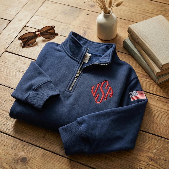 Custom Initials Monogram Embroidered Quarter Zip Sweater, USA Sleeve Unisex Navy Freedom Cotton Pullover