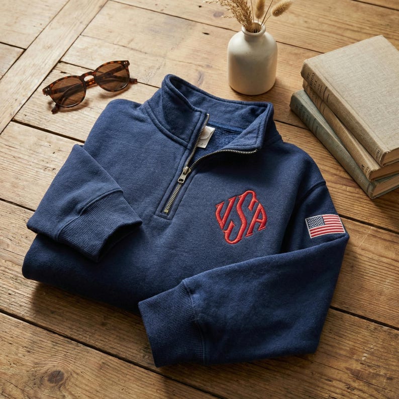 Custom Initials Monogram Embroidered Quarter Zip Sweater, USA Sleeve Unisex Navy Freedom Cotton Pullover image 1