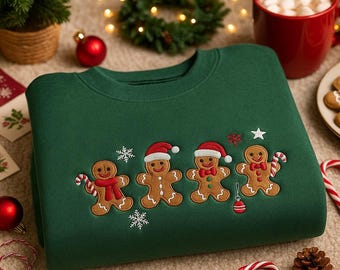 Embroidered Gingerbread Christmas Sweatshirt, Cute Holiday Cookie Crewneck, Festive Green Xmas Jumper, Cozy Winter Gift for Her or Family