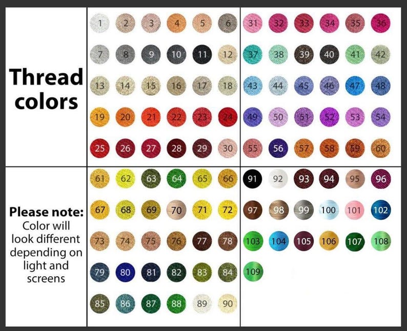 May include: A color chart displaying 109 thread colors, each in a numbered circle. The text "Thread colors" is at the top left. The text "Please note: Color will look different depending on light and screens" is at the bottom left.