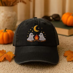 Embroidered Cute Ghosts Camping Vintage Hat, Spooky Season Snapback Hats, Halloween Gifts, Halloween Vintage Embroidery Cap