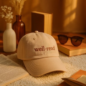 May include: A beige baseball cap with the embroidered text "well-read" in brown. The cap is shown with books, sunglasses, and vases, creating a reading or literary theme.