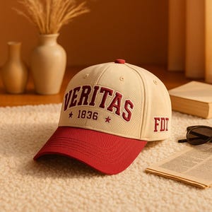May include: A beige baseball cap with a red brim. The word "VERITAS" is embroidered in red across the front, along with "1836" and two stars. The letters "FDI" are embroidered on the side.