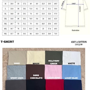 May include: T-shirt size chart with measurements in inches and centimetres. Includes a diagram and swatches of various colours: sand, beige, military green, white, sport grey, dark chocolate, light pink, light blue, grey, black, maroon, navy, and forest green.