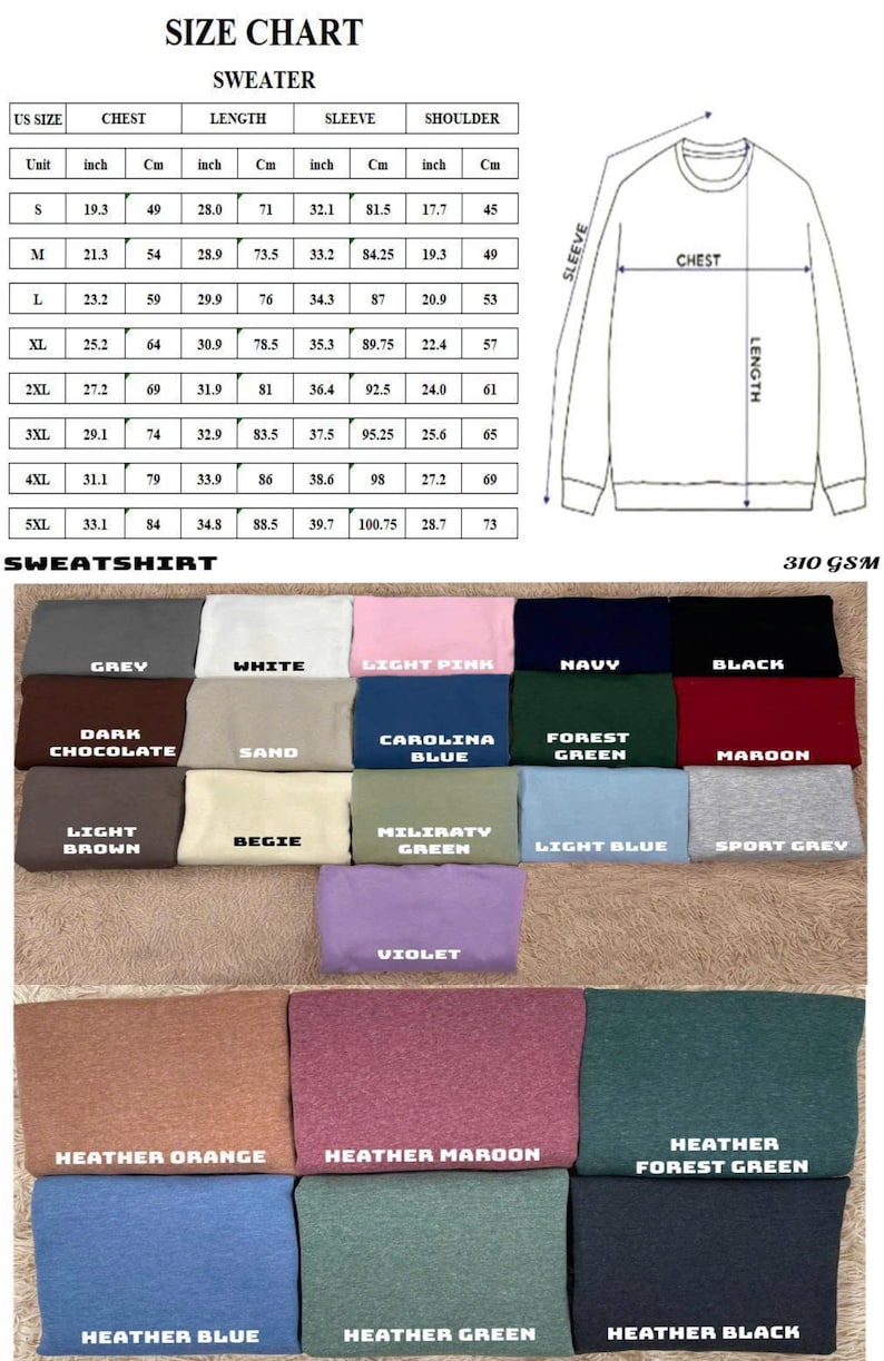 May include: Sweatshirt size chart with chest, length, sleeve, and shoulder measurements in inches and centimetres. Colour options include grey, white, light pink, navy, black, dark chocolate, sand, Carolina blue, and forest green.