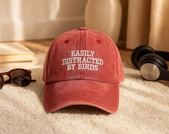 Easily Distracted By Birds Embroidered Baseball Hat, Embroidered Birds Lover Hat, Birdwatcher Cap,Vintage Birds, Funny Gift for Bird Watcher
