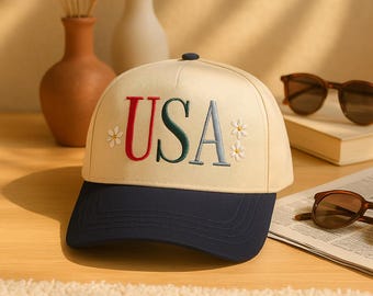 Embroidered USA Hat Women, coquette 4th of july Hat, Floral USA, Red White & Blue Baseball Cap, Embroidered America Hat, Lake Hat for Mom