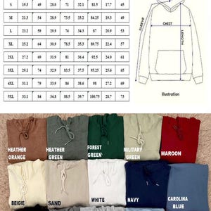 May include: A hoodie size chart with measurements in inches and centimetres. The image shows a range of hoodie colours, such as heather orange, forest green, and navy. The chart details chest, length, sleeve, and shoulder measurements for sizes S to 5XL.