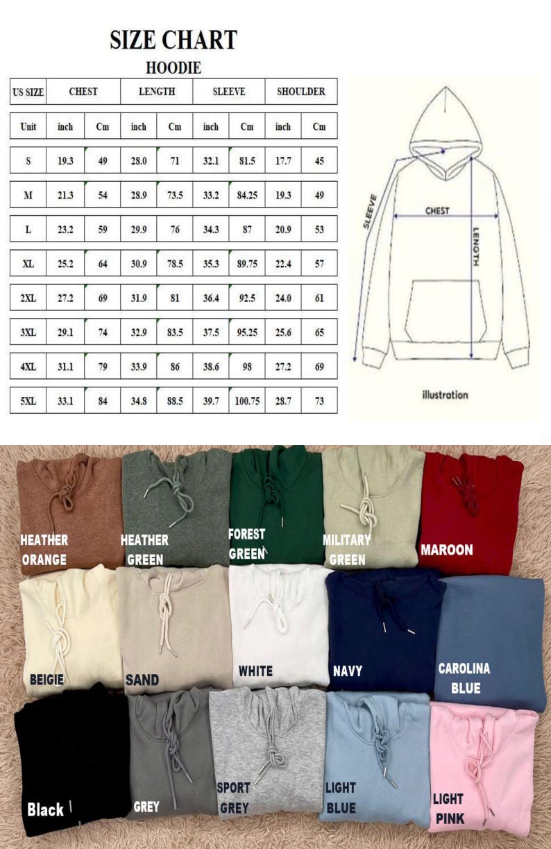 May include: A hoodie size chart with measurements in inches and centimetres. The image shows a range of hoodie colours, such as heather orange, forest green, and navy. The chart details chest, length, sleeve, and shoulder measurements for sizes S to 5XL.