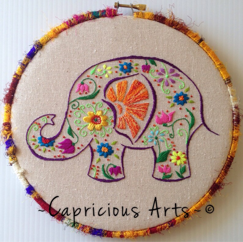 Garden Elephant Hand Embroidered Hoop Art Etsy