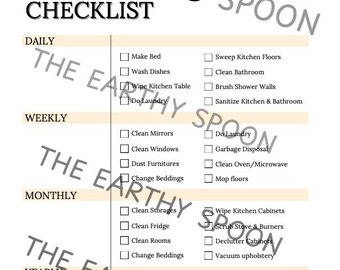 Könnte beinhalten: Eine druckbare Reinigungscheckliste für ein Airbnb-Mietobjekt. Die Checkliste ist in tägliche, wöchentliche, monatliche und jährliche Aufgaben unterteilt. Zu den Aufgaben gehören Bett machen, Geschirr spülen, Küchenböden fegen, Badezimmer putzen, Wäsche waschen, Spiegel putzen, Fenster putzen, Möbel entstauben, Bettwäsche wechseln, Lager räumen, Kühlschrank reinigen, Zimmer putzen, Speisekammer leeren, Regale leeren, Teppiche gründlich reinigen und Lampenschirme entstauben.