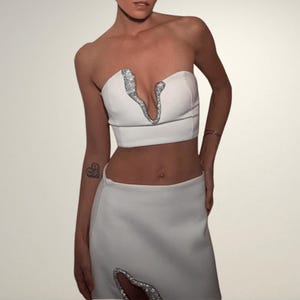 VougeVamp Women’s Rhinestone Asymmetric Skirt Set – Strapless Crop Top & Mini Skirt, Elegant Summer Two-Piece Outfit