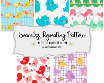 Naadloze vogelpatroonbundel – 5 schattige digitale png-bestanden voor sublimatie, scrapbooking, stof, POD, commercieel gebruik, herhalende grafische download