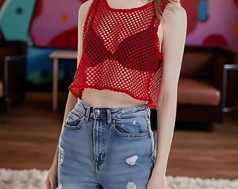 Haut court en résille évidé, chemise transparente en résille sexy