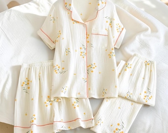 Women's 3 Piece Pajama Set, Crinkle Cotton Crepe Gauze, Floral Fruit Print Button Up Shirt, Shorts & Pants, Summer Sleepwear Loungewear