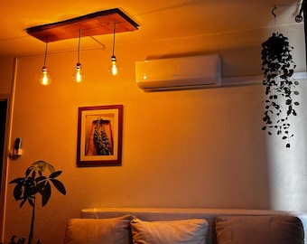 May include: A living room with a wooden ceiling light fixture with three Edison bulbs, a white air conditioner, a framed picture, a potted plant, and a couch with three pillows.