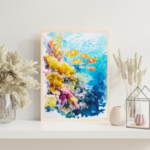Coral Reef Watercolor Print – Tropical Fish Wall Art, Ocean Scene Digital Download, Underwater Nursery Decor, Sea Life Artwork