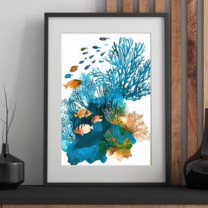 Abstract Coral Reef Wall Art – Ocean Fish Digital Print, Modern Coastal Decor, Underwater Watercolor Illustration Download