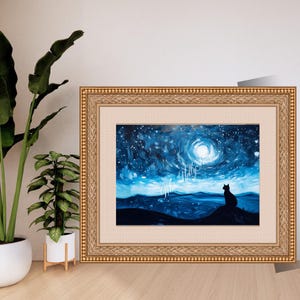 Mitternacht | Katze unter Mond | Sternenklare Nacht Digital Art Print | Blaue Katze Silhouette Wanddekor | Mondlicht Himmel Gemälde | Sofort Download