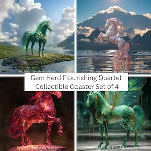 Op de afbeelding: Een set van vier verzamelonderzetters genaamd Gem Herd Flourishing Quartet. De onderzetters tonen illustraties van paarden: een groen paard genaamd Verdaney, een roze paard genaamd Tideborn, een rood paard genaamd Heartfire en een gevleugeld paard genaamd Paradox.