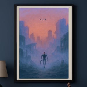 May include: Framed art print depicting a dystopian scene with a figure walking through a ruined city under an orange and purple sky. The word "FATE" is at the top. A figurine of a man on a motorcycle is on a wooden surface.