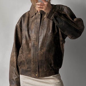 Women Brown Leather Bomber jacket, Oversized Leather Jacket, Ladies Soft Vintage leather jacket, women streetwear outfit, PersonalizedJacket