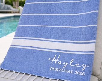 Personalized Striped Beach Towel – Custom Embroidered Name, Destination, Date