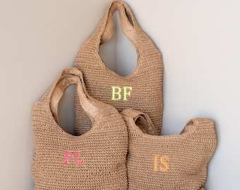 Luxe boho raffia straw tote shopper beach bag with neon embroidery initials monogram name