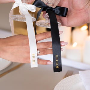 Personalised Satin Ribbon Bows with Names | Wedding Place Setting Ribbons | Bridal Hanger Bows | Gold Foil Name Favors