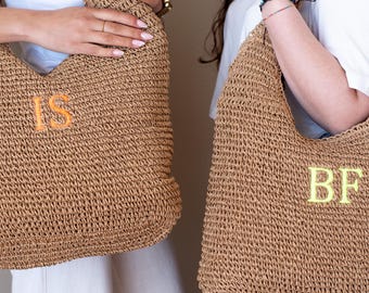 Personalized Raffia Beach Tote Bag, Embroidered Initial Straw Bag