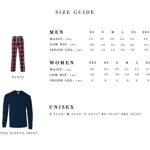 May include: Size guide with measurements for men's and women's clothing, including pants and long-sleeve shirts. Measurements are in centimeters for waist, low hip, and inside leg. Unisex sizes are also provided in inches.
