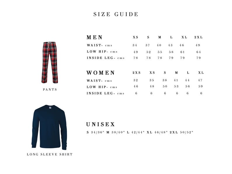 May include: Size guide with measurements for men's and women's clothing, including pants and long-sleeve shirts. Measurements are in centimeters for waist, low hip, and inside leg. Unisex sizes are also provided in inches.