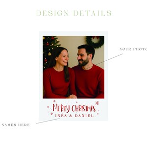 May include: A Christmas-themed photo template with a couple in red sweaters. The image includes the text "MERRY CHRISTMAS" and the names "IN&Ecirc;S & DANIEL". The design also features a Christmas tree and a wreath.