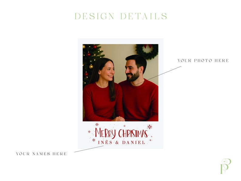 May include: A Christmas-themed photo template with a couple in red sweaters. The image includes the text "MERRY CHRISTMAS" and the names "IN&Ecirc;S & DANIEL". The design also features a Christmas tree and a wreath.
