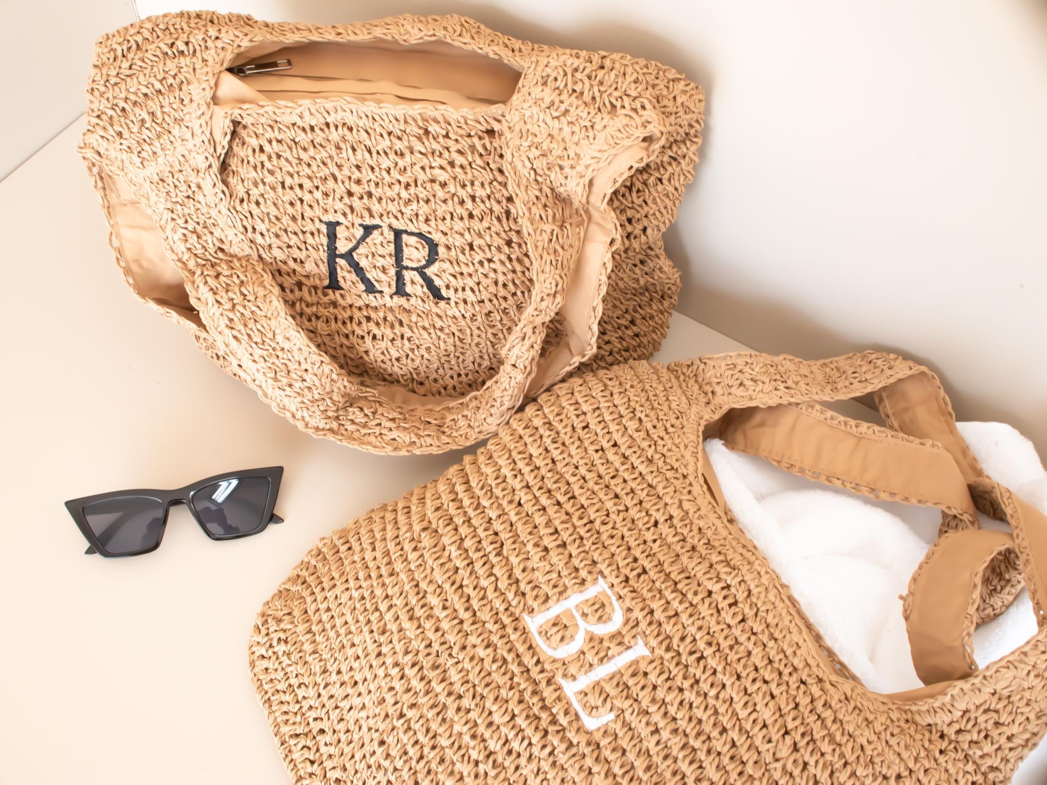 Custom Straw Raffia Beach Bag – Personalised Name or Initials – Monogram Bridesmaid Tote – Summer Shoulder Shopper – Beach Wedding Gift