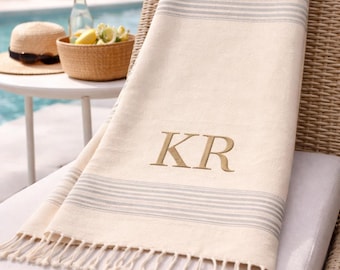 Personalisiertes Streifen Strandtuch - Monogrammiertes Pooltuch aus Bio-Baumwolle