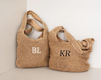 Custom Straw Raffia Beach Bag – Personalised Name or Initials – Monogram Bridesmaid Tote – Summer Shoulder Shopper – Beach Wedding Gift