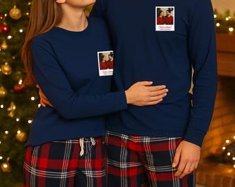 Pijamas navideños personalizados para él y para ella, conjunto de tartán de manga larga personalizado, ropa de dormir navideña para novio