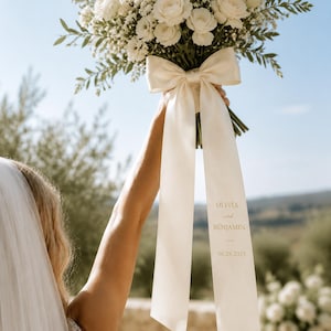 Bride bouquet flowers ribbon, Personalized Satin Wedding Chair Ribbon, Custom Name Seating Tag