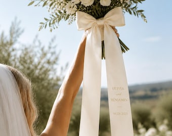 Bride bouquet flowers ribbon, Personalized Satin Wedding Chair Ribbon, Custom Name Seating Tag