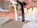 Personalised Satin Ribbon Bows with Names | Wedding Place Setting Ribbons | Bridal Hanger Bows | Gold Foil Name Favors product logo