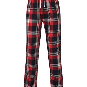 May include: Red and black plaid pajama pants with a white drawstring. The pants have a classic plaid pattern with a mix of red, black, and white lines. The pajama pants are made of a soft material.