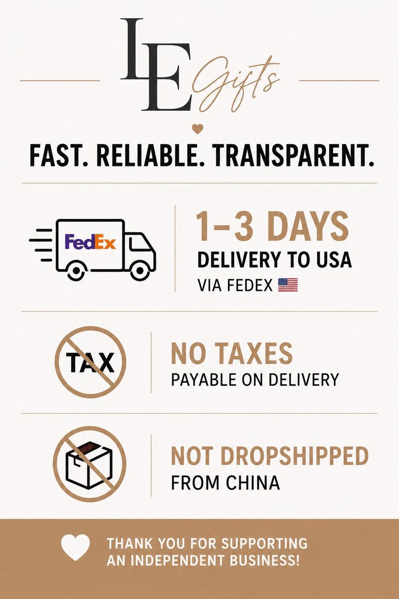 May include: A graphic with the text "IE Gifts" and the words "FAST. RELIABLE. TRANSPARENT." Additional text includes "1-3 DAYS DELIVERY TO USA VIA FEDEX," "NO TAXES PAYABLE ON DELIVERY," and "NOT DROPSHIPPED FROM CHINA."